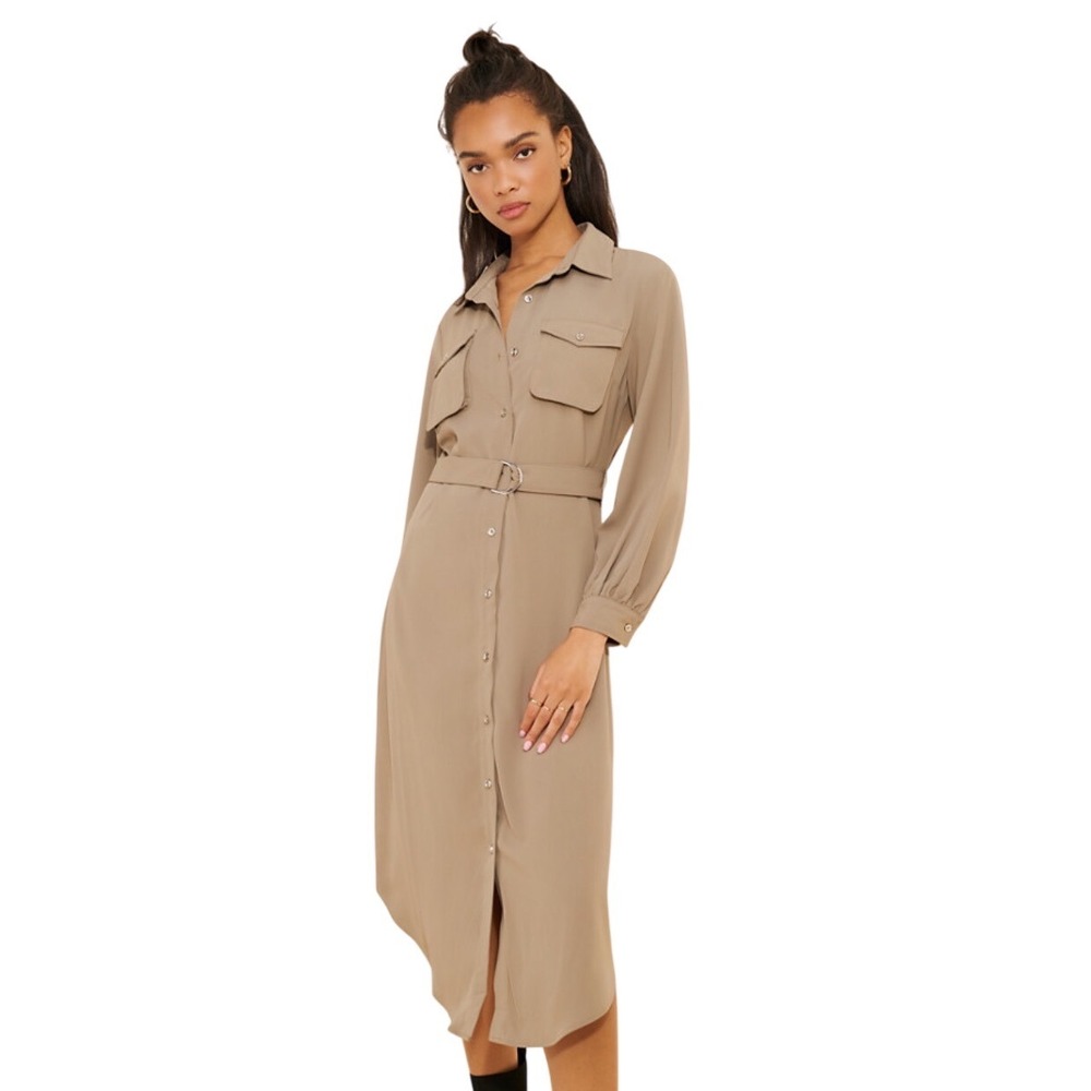 Dizzy Lizzy Midi‎ Shirt Dress Utility Beige Shirt Dress Belted Pockets Small